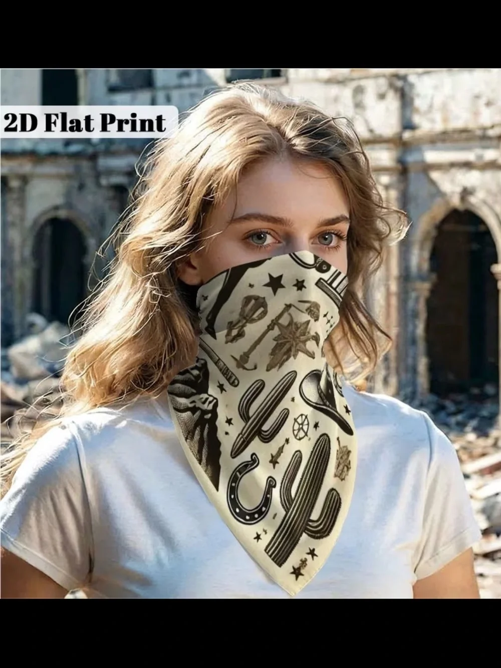 Cowboy Print Western Scarf - Cream & Black